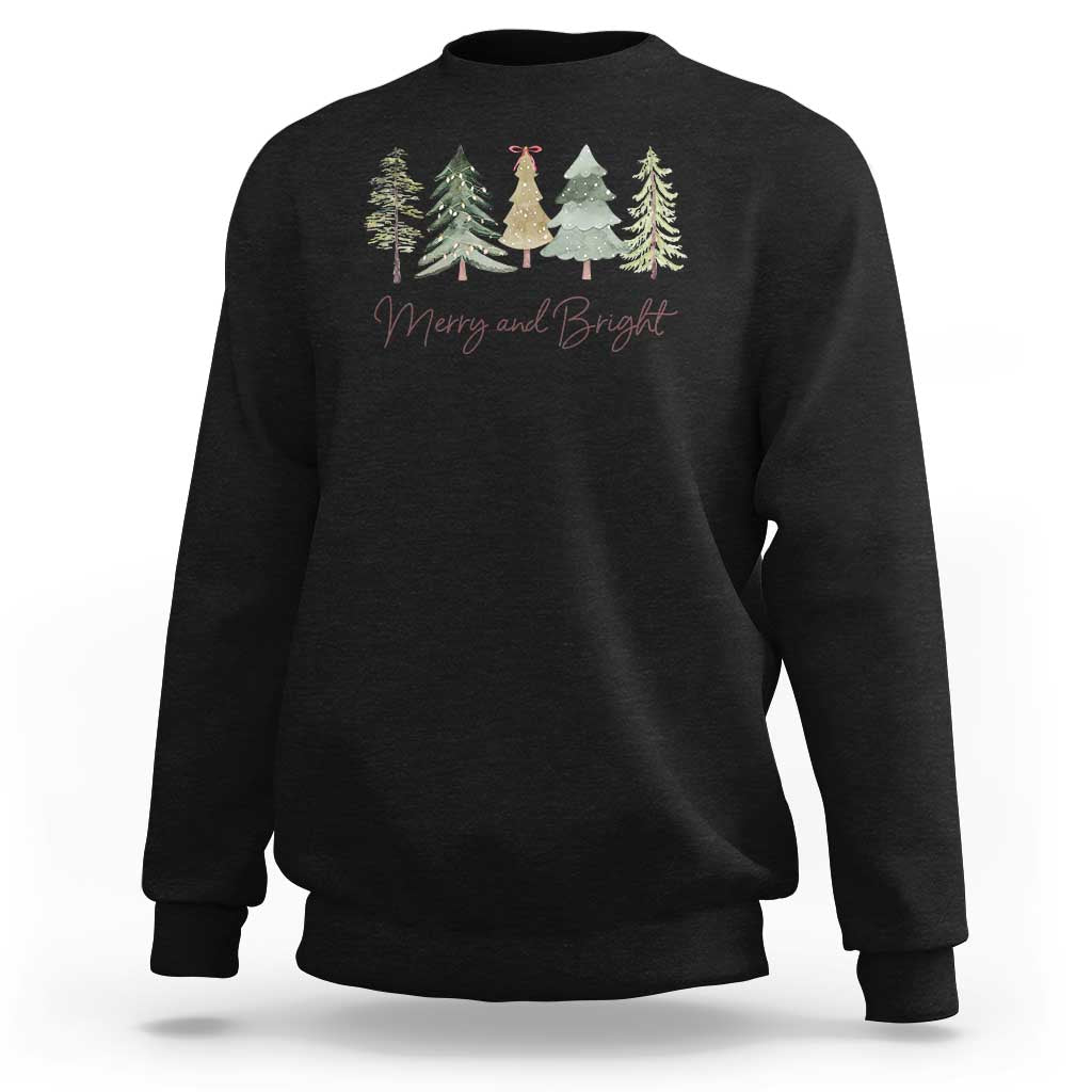 Black crewneck long-sleeve sweatshirt with Christmas tree and 'Merry and Bright' graphic
