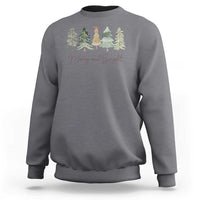 Dark heather gray crewneck long-sleeve sweatshirt with Christmas tree and 'Merry and Bright' graphic