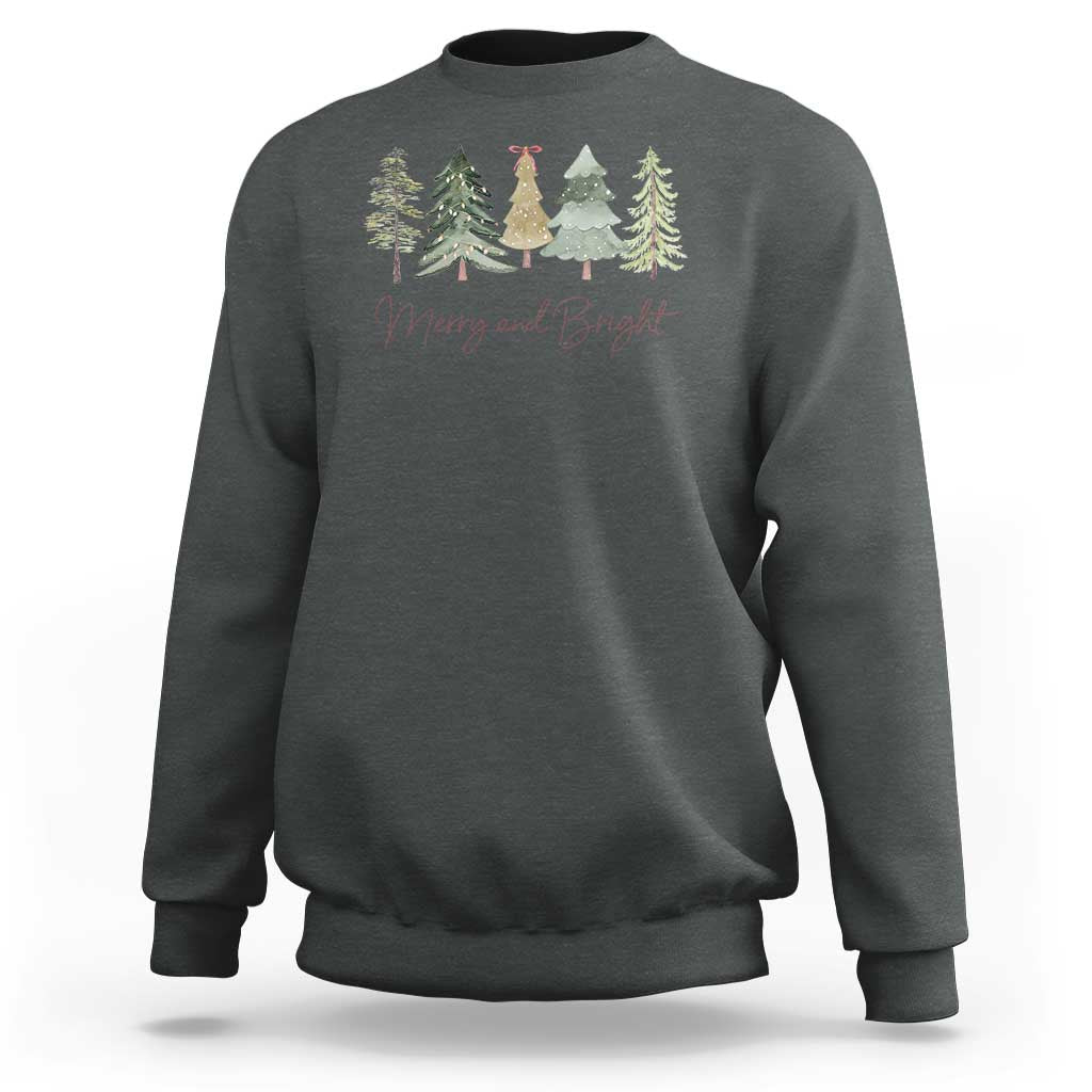 Charcoal crewneck long-sleeve sweatshirt with Christmas tree and 'Merry and Bright' graphic