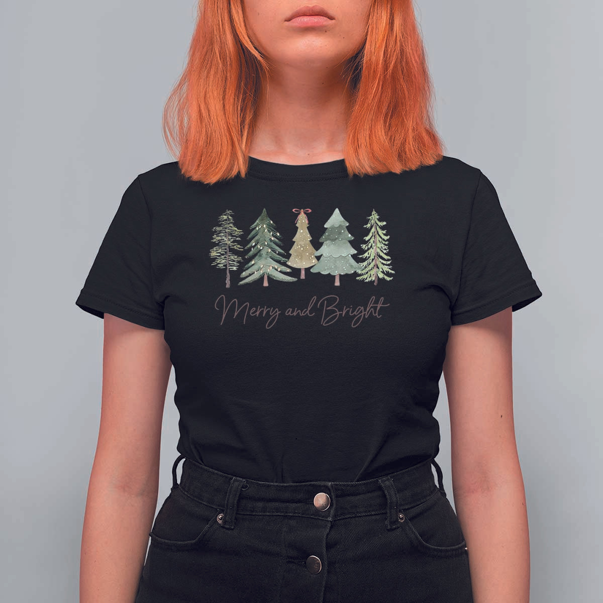 Merry and Bright Trees T Shirt For Women Womans Holiday Coquette Tree Bow - Wonder Print Shop