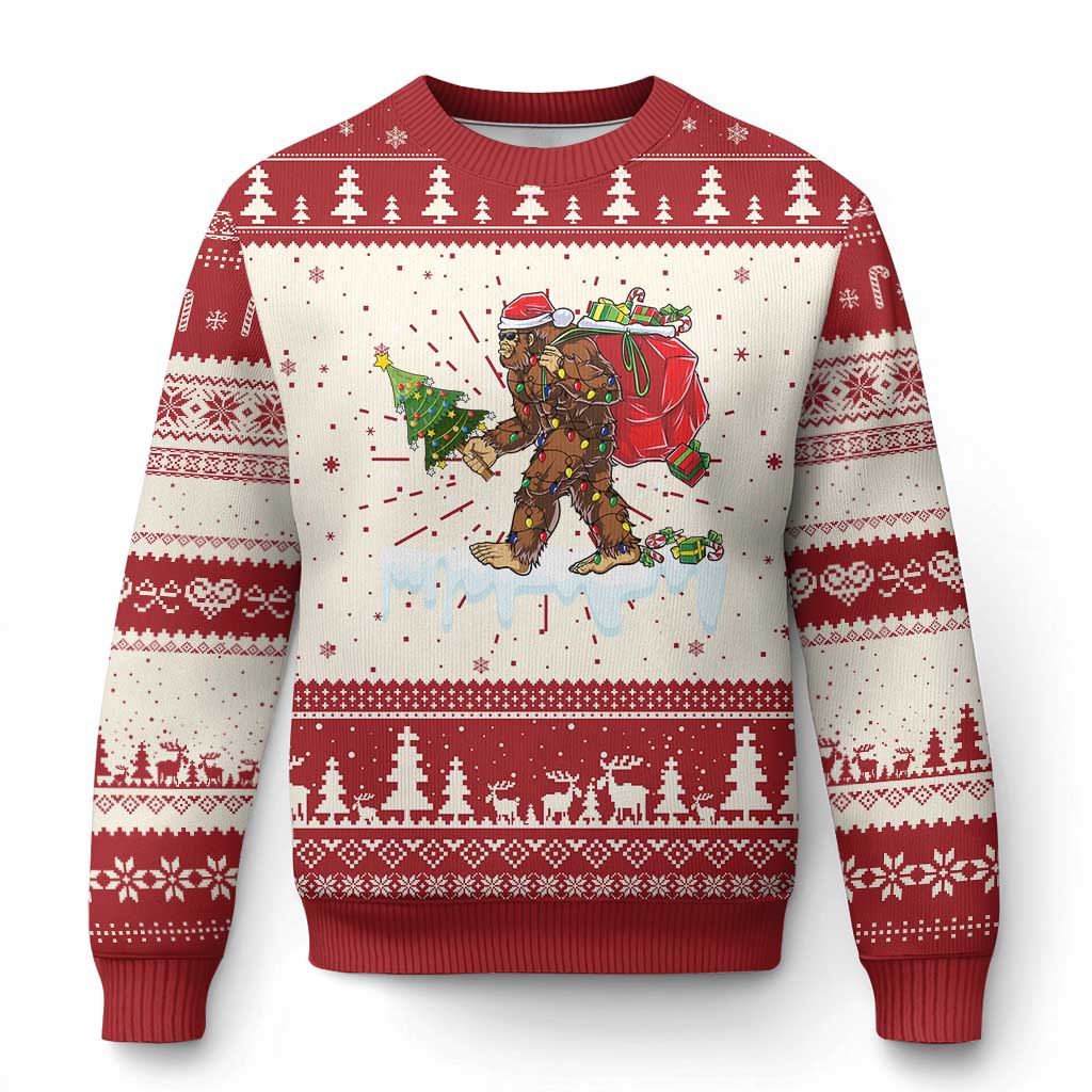 Red and cream Christmas ugly sweater with Bigfoot graphic and tree-pattern border