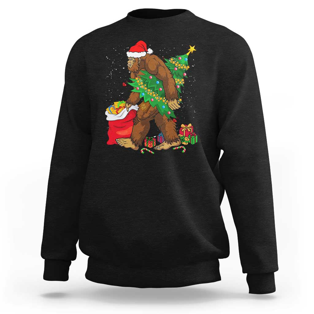 Black Christmas sweatshirt with Bigfoot in Santa hat, tree lights and gift presents