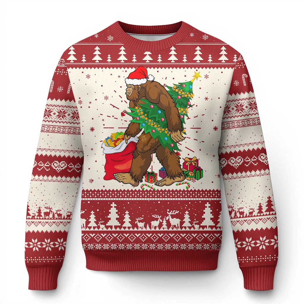 Red and white Christmas sweater with Bigfoot carrying a decorated tree, knit fair isle