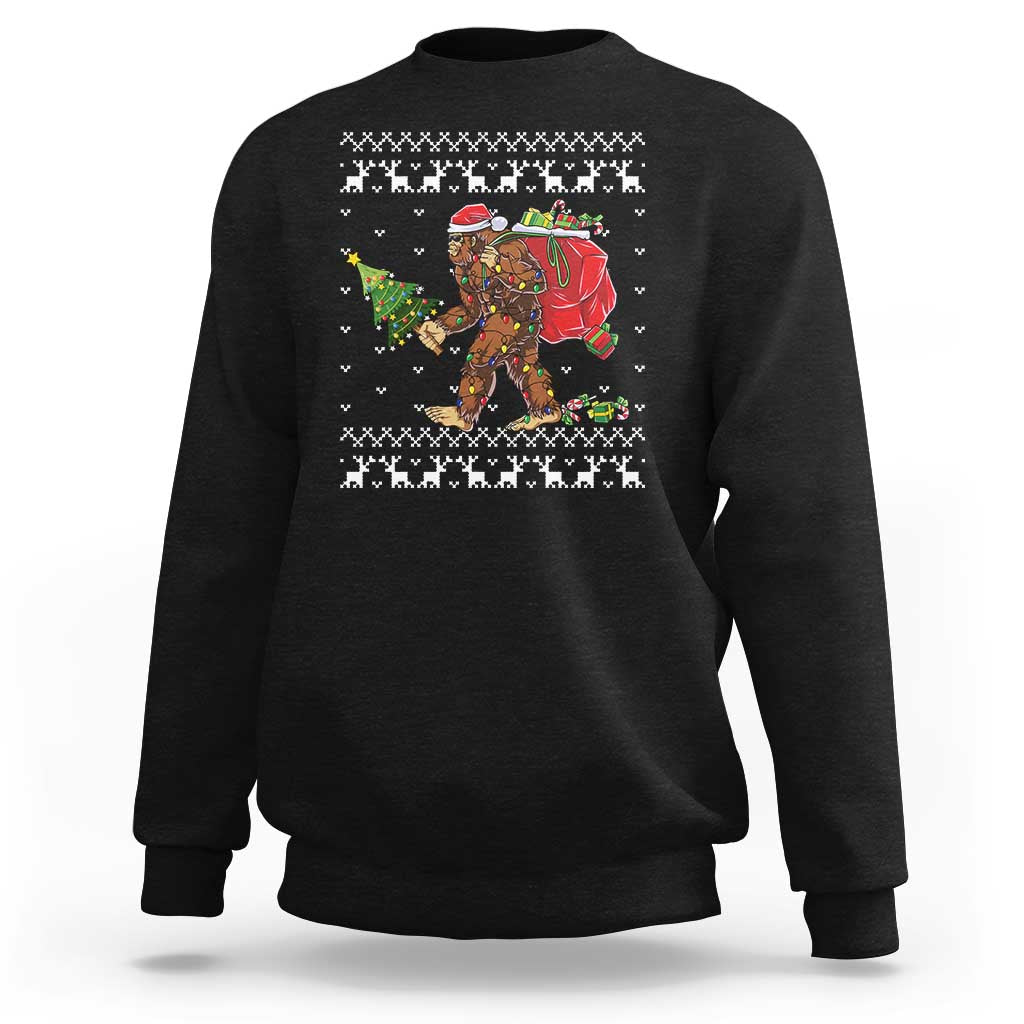 Black crewneck sweatshirt with colorful Bigfoot holiday graphic on front