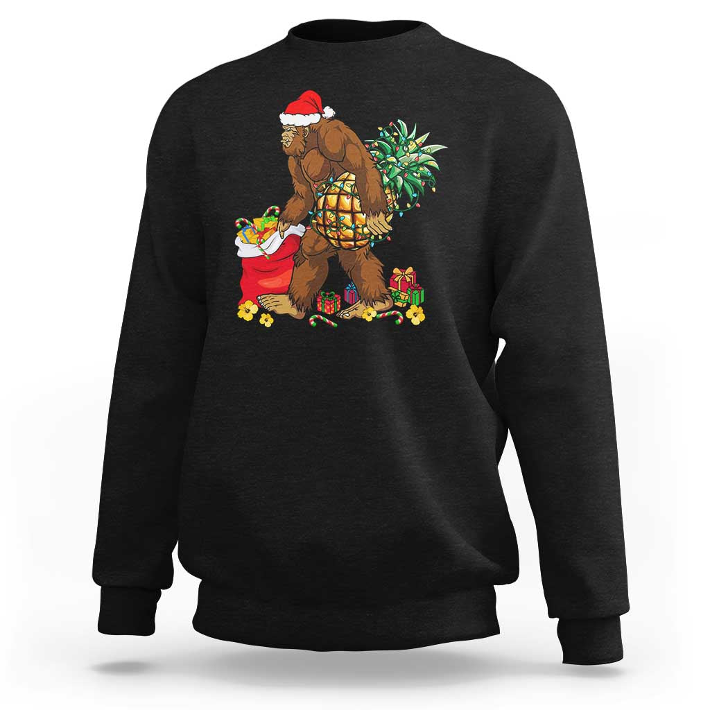 Black Christmas sweatshirt with Bigfoot and Santa, pineapple tree lights graphic