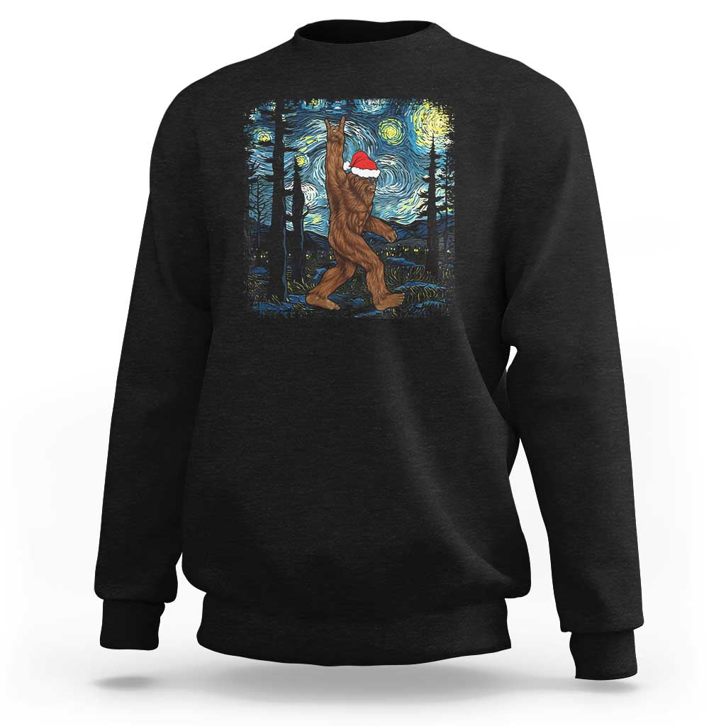 Black crewneck sweatshirt with Bigfoot in a red Santa hat night sky graphic