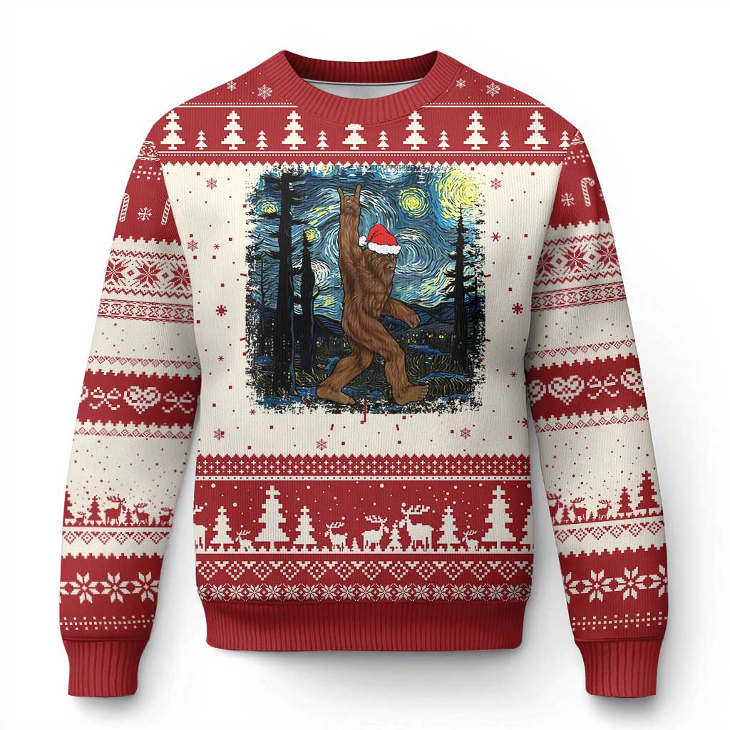 Red Christmas sweater with sasquatch starry-night art panel and festive tree knit