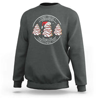Dark heather crewneck sweatshirt with circular Christmas tree graphic on chest.