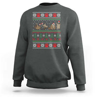 Charcoal gray crewneck sweatshirt with festive raccoon ugly Christmas graphic