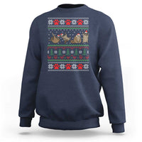 Navy crewneck sweatshirt with festive raccoon ugly Christmas graphic