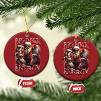 Two red round hanging Christmas ornaments with Big Nick Energy text and Santa faces