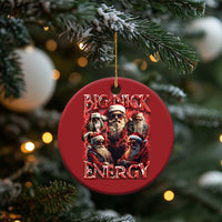 Red round hanging ornament with Big Nick Energy text and a group of bearded Santas