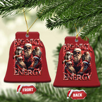 Two red bell-shaped Christmas ornaments with Big Nick Energy graphic and Santa faces