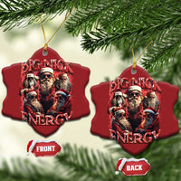 Two red heart-shaped hanging Christmas ornaments with Big Nick Energy graphic and Santa faces