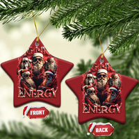 Two red star-shaped hanging ornaments with Big Nick Energy text and bearded Santa faces