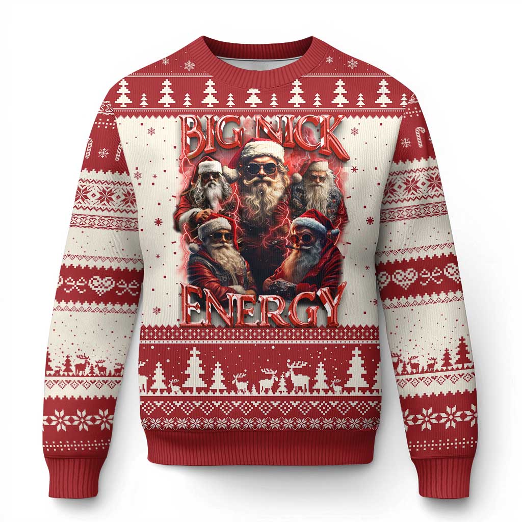 Red Christmas sweater with 'Big Nick Energy' graphic and festive snowflake border