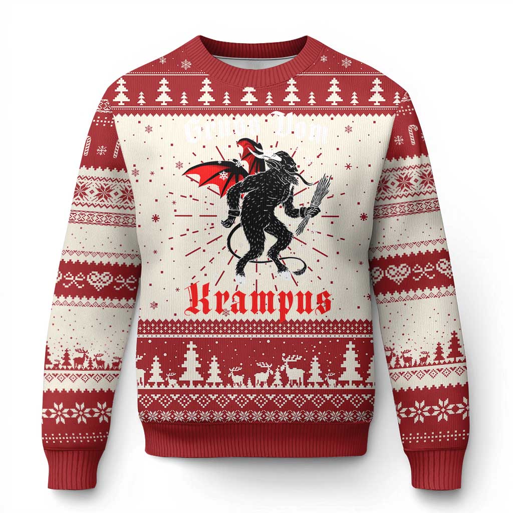 Red and cream crewneck ugly Christmas sweater with Krampus graphic and festive border