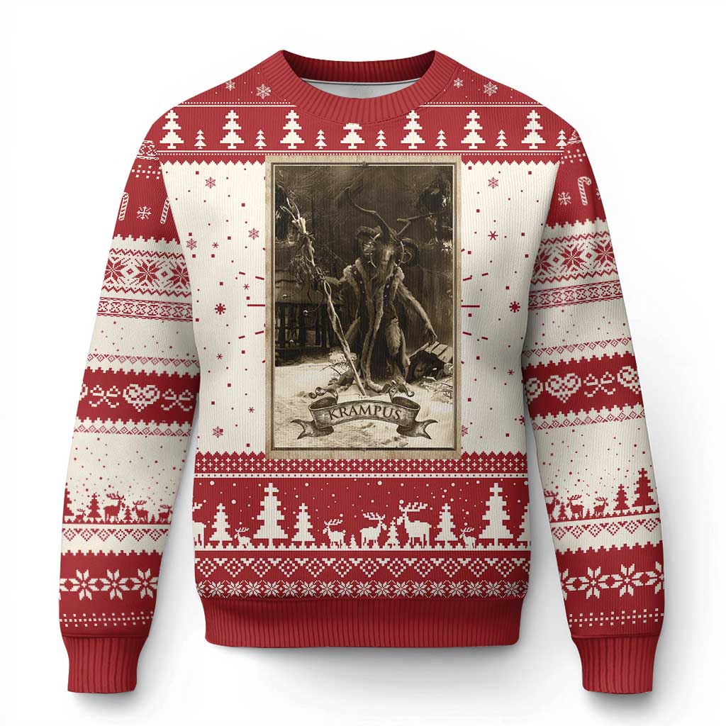Red and white Christmas sweater with Krampus graphic and fair-isle tree pattern