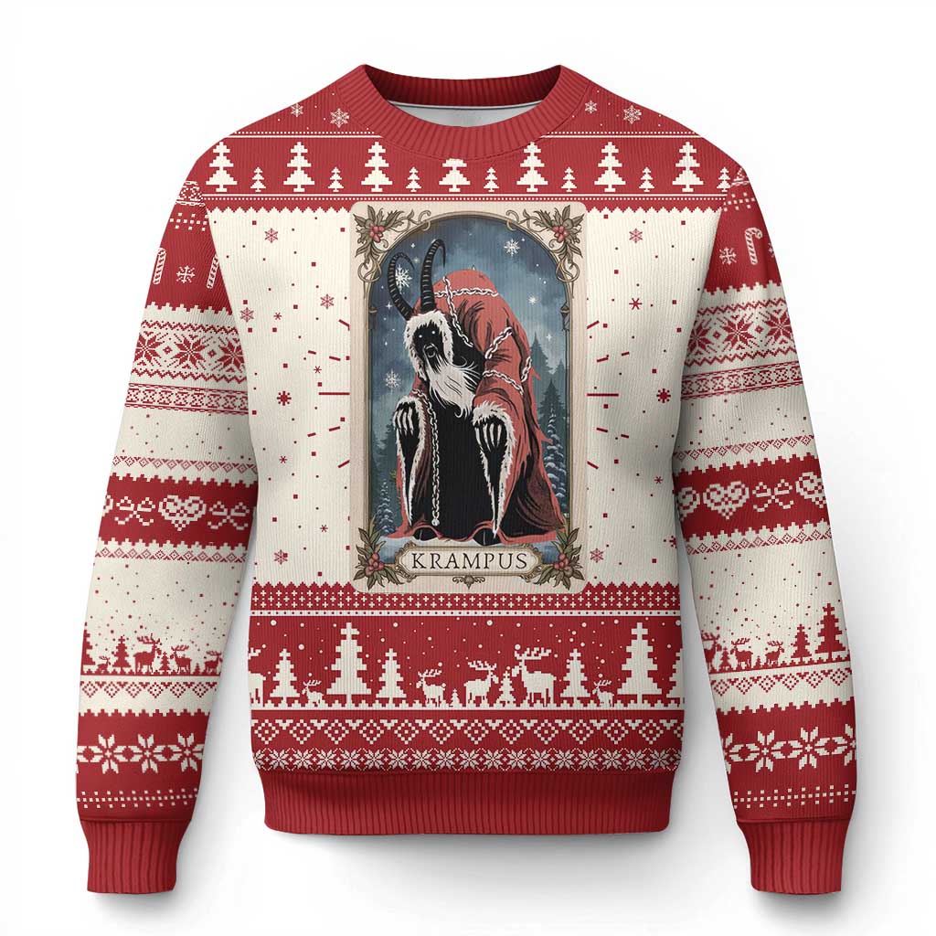 Red and white Krampus Christmas sweater with central gothic cat demon graphic