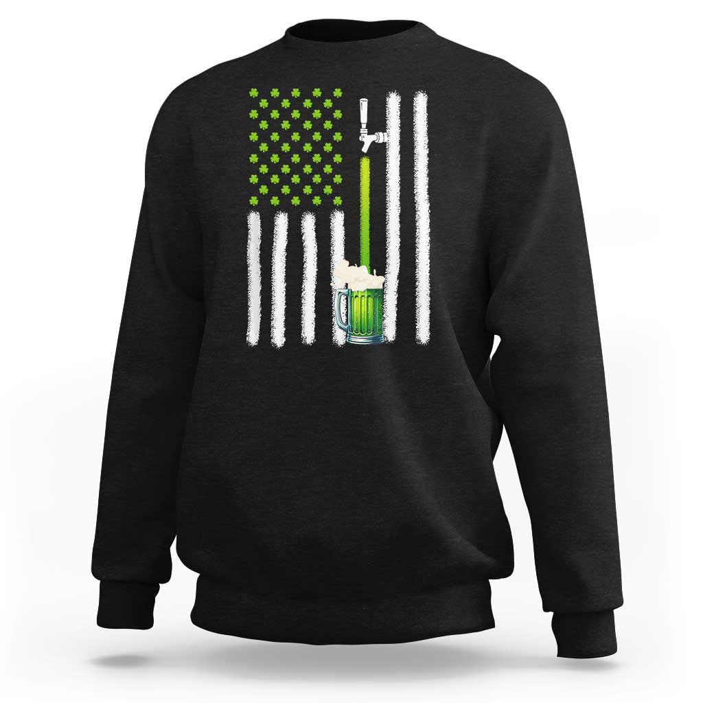 Black sweatshirt with green shamrock dots, beer mug graphic, and white striped flag design