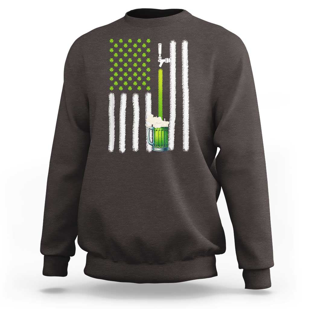Dark chocolate sweatshirt with green shamrock dots, beer mug graphic, and white striped flag design