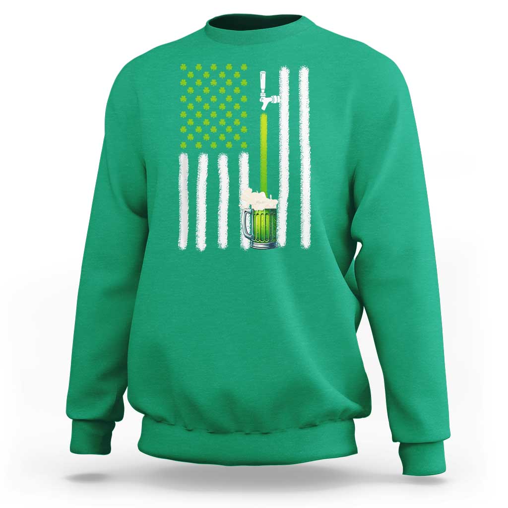 Irish green sweatshirt with green shamrock dots, beer mug graphic, and white striped flag