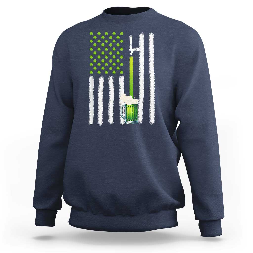 Navy sweatshirt with green shamrock dots, beer mug graphic, and white striped flag design