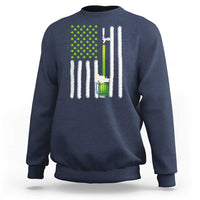 Navy sweatshirt with green shamrock dots, beer mug graphic, and white striped flag design