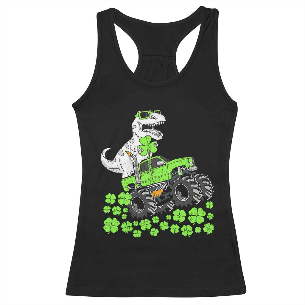 Lucky St Patricks Day Toddler Boys Racerback Tank Top T Rex Dino Riding Monster Truck Shamrock