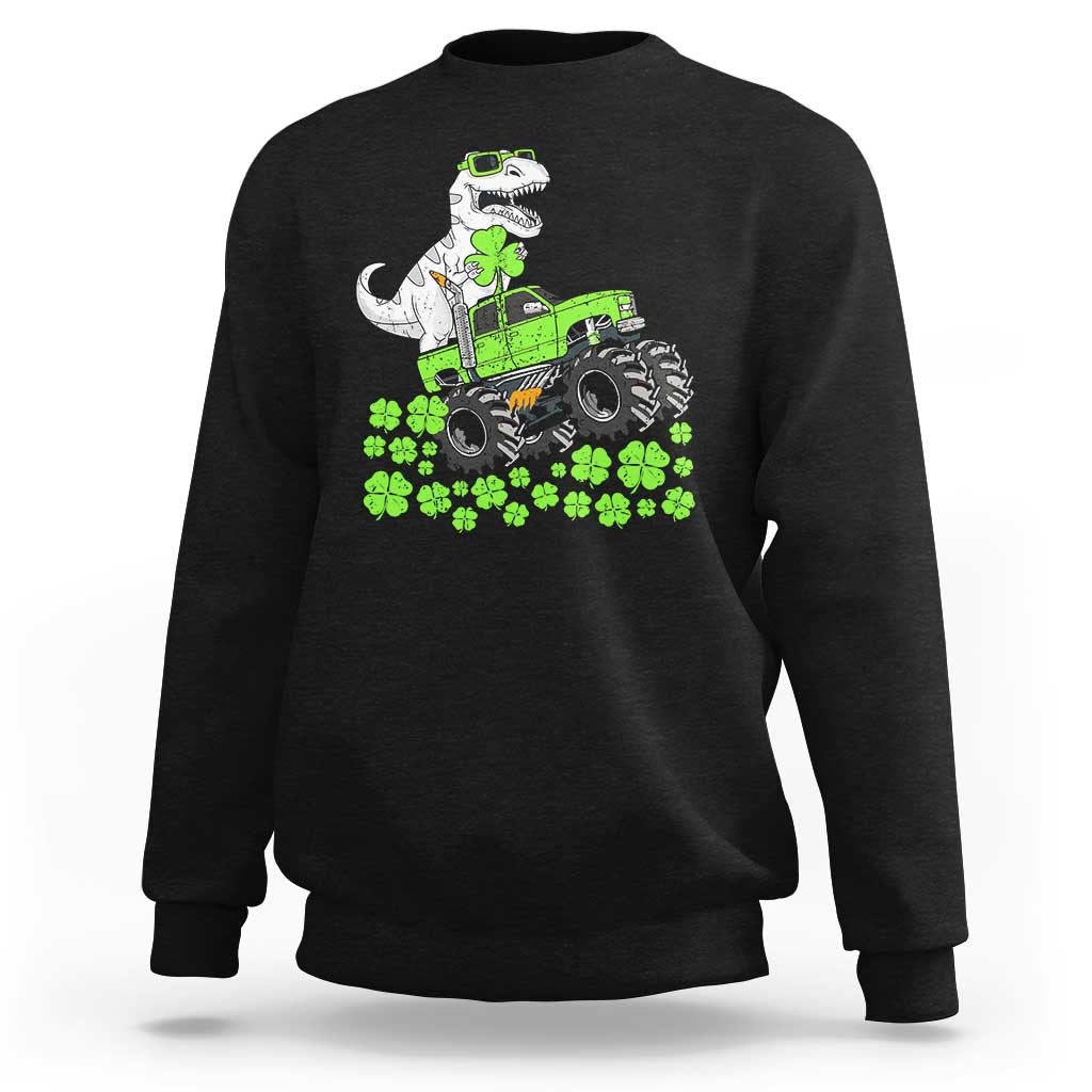 Lucky St Patricks Day Toddler Boys Sweatshirt T Rex Dino Riding Monster Truck Shamrock