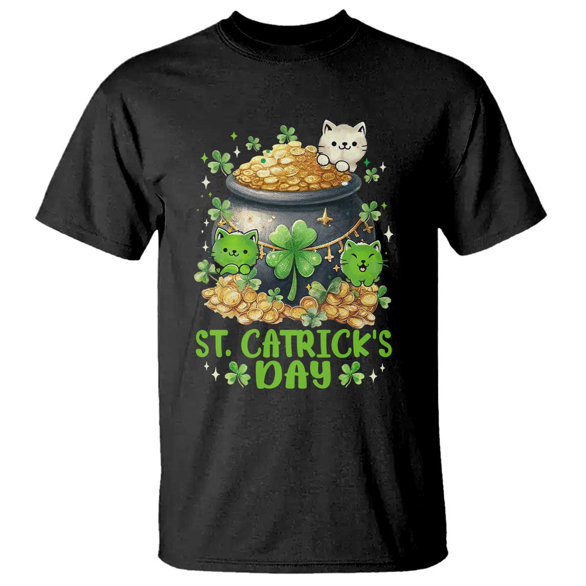 Cats St Patricks Day T Shirt Pot Of Gold Kitty Lover Lucky Irish