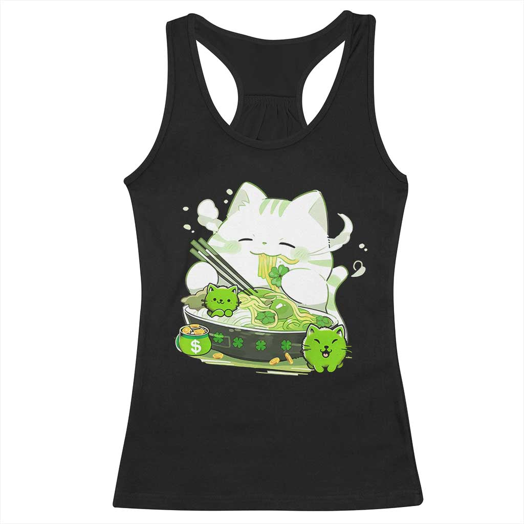 St Patrick's Day Cats Racerback Tank Top Irish Eating Ramen Noodles Cute Anime Shamrocks