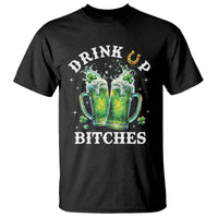 Black crewneck T-shirt with shamrock beer mugs and 'DRINK UP' and 'BITCHES' text
