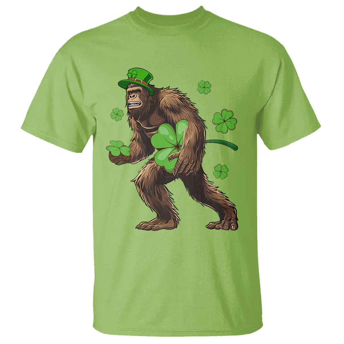 Lime green Bigfoot T-shirt with leprechaun hat and green shamrock graphic