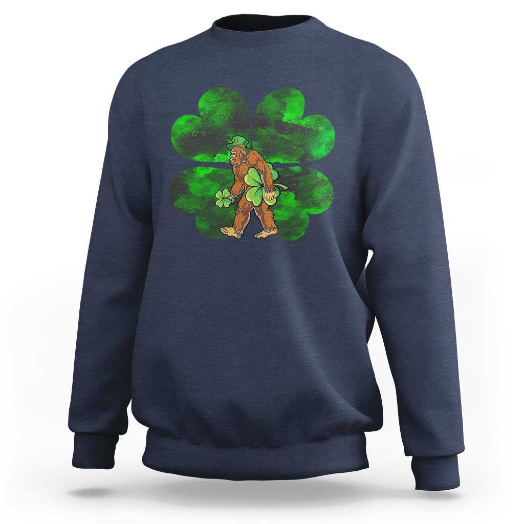 Navy crewneck sweatshirt with green shamrock Bigfoot graphic on front