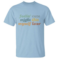Light blue crewneck T-shirt with colorful slogan graphic text print on front