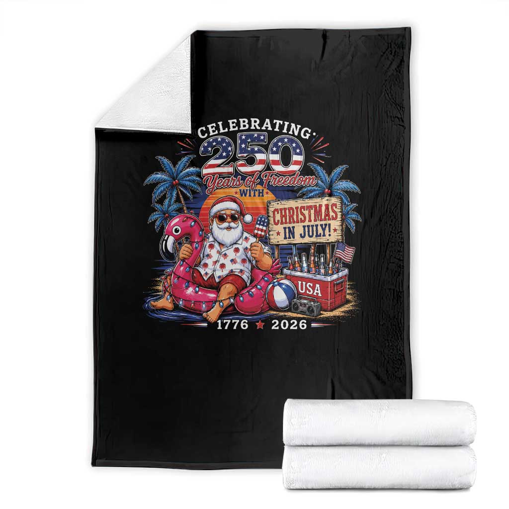 Christmas In July 250 Years 1776 2026 Patriotic Santa Flamingo Float Summer Xmas Throw Blanket