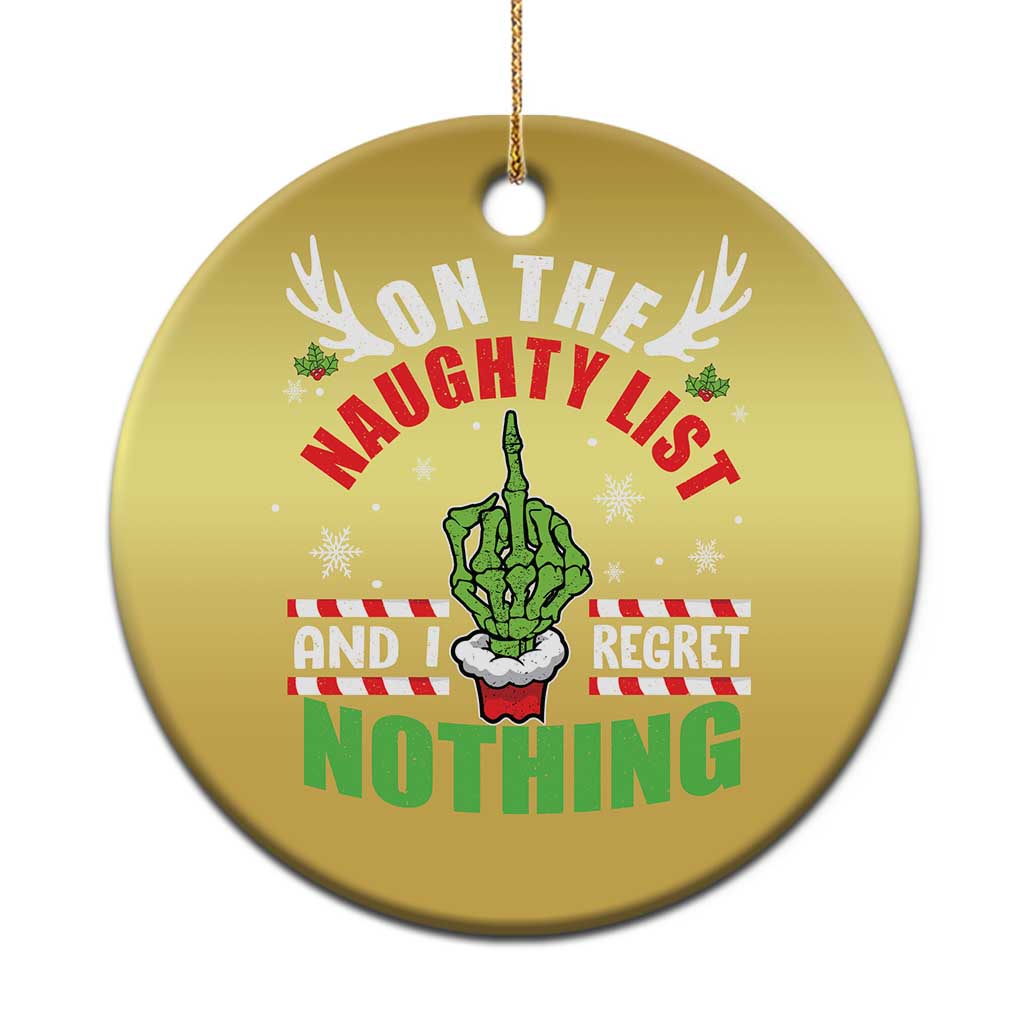 Gold round Christmas ornament with colorful text graphic and top hanging loop