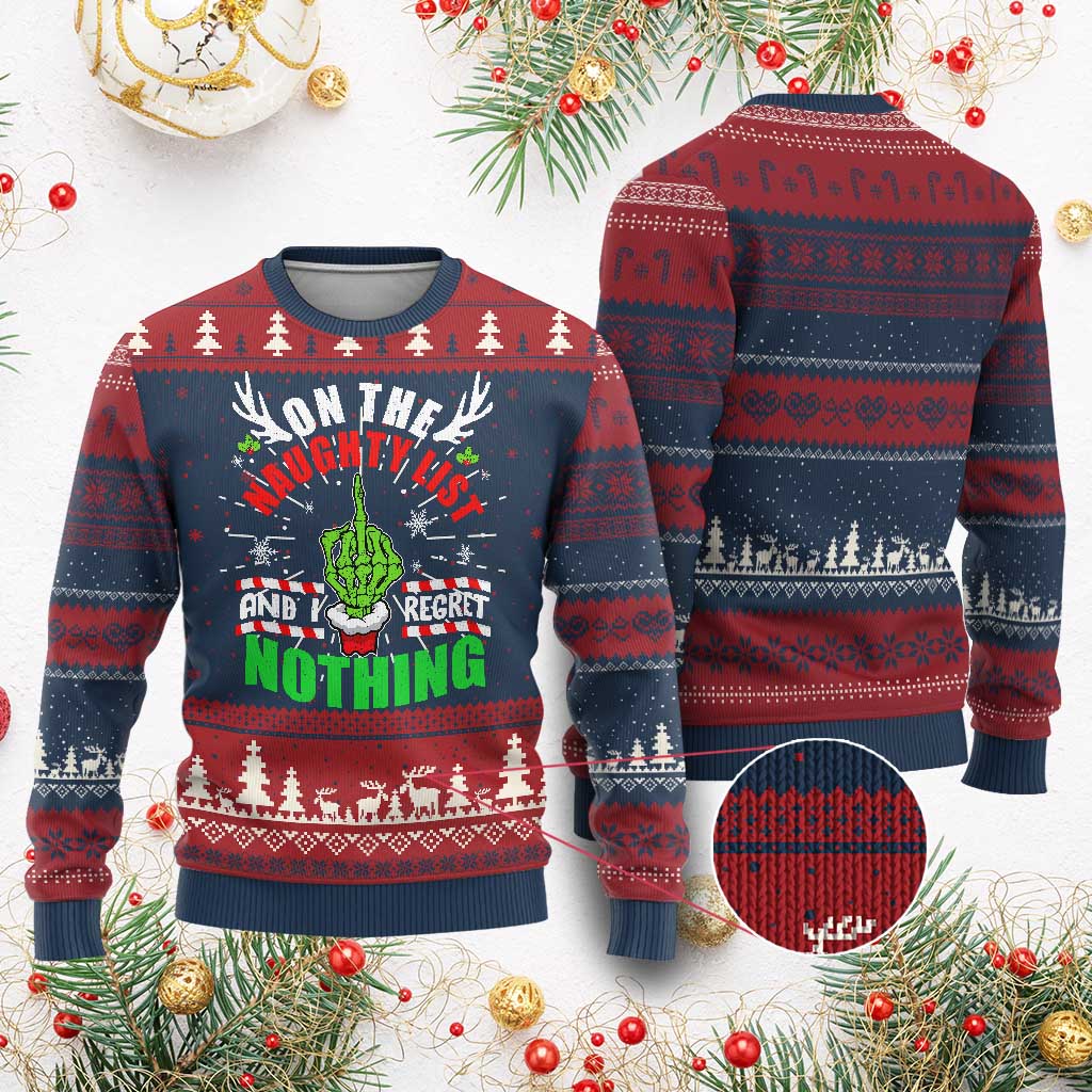 Men's ugly Christmas sweater, crewneck knit with cactus graphic and festive pattern, red and navy