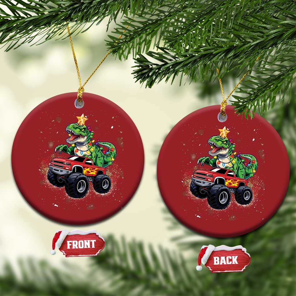 Set of two red circular dinosaur monster truck ornaments with hanging loops and front/back labels.