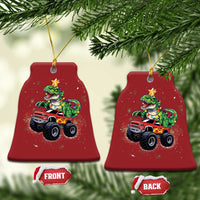 Set of two red bell-shaped Christmas ornaments with green dinosaur monster truck art, front/back.