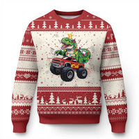 Red ugly Christmas sweater with dinosaur monster truck graphic and festive tree pattern