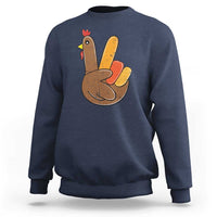 Navy Thanksgiving sweatshirt with peace-sign turkey graphic on chest