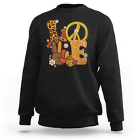 Black Thanksgiving sweatshirt with peace sign and turkey graphic, crew neck.