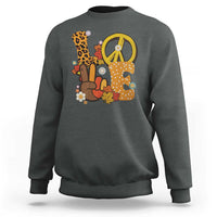 Charcoal gray Thanksgiving sweatshirt with peace sign and turkey graphic, crew neck.