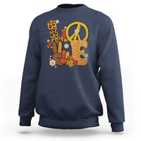 Navy Thanksgiving sweatshirt with peace sign and turkey graphic, crew neck.