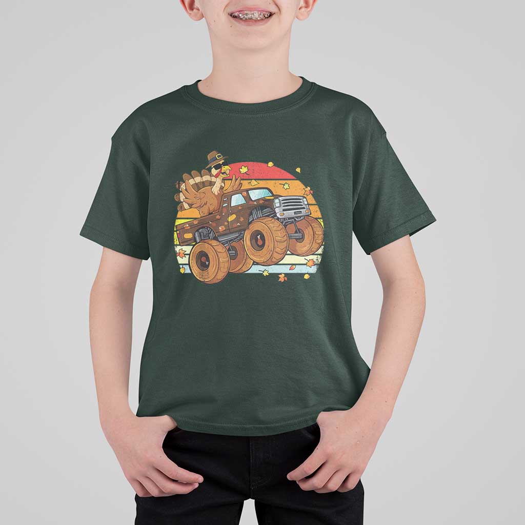 Thanksgiving Turkey Riding Monster Truck T Shirt For Kid Retro Fall Boy Tee Kids Autumn - Wonder Print Shop