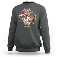 Dark heather gray sweatshirt with turkey-cow graphic on the chest, crew neck.