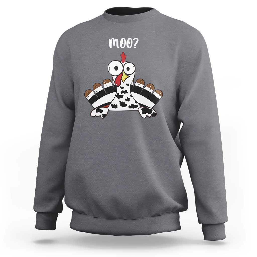 Heather gray crewneck sweatshirt with turkey-cow graphic and 'moo?' print