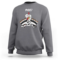 Heather gray crewneck sweatshirt with turkey-cow graphic and 'moo?' print